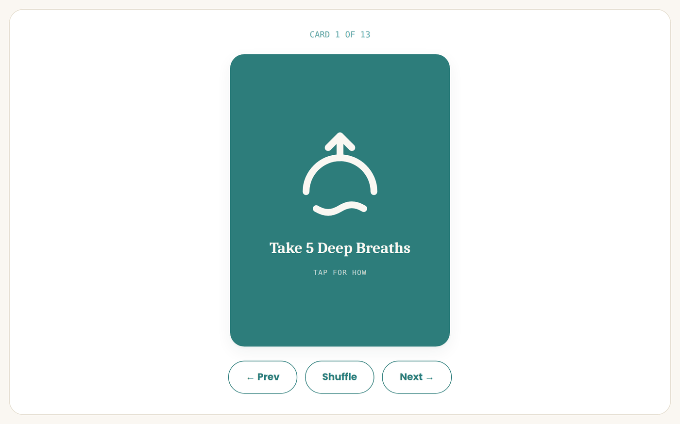 A coping card from the deck, Take 5 Deep Breaths, with prev, shuffle and next controls