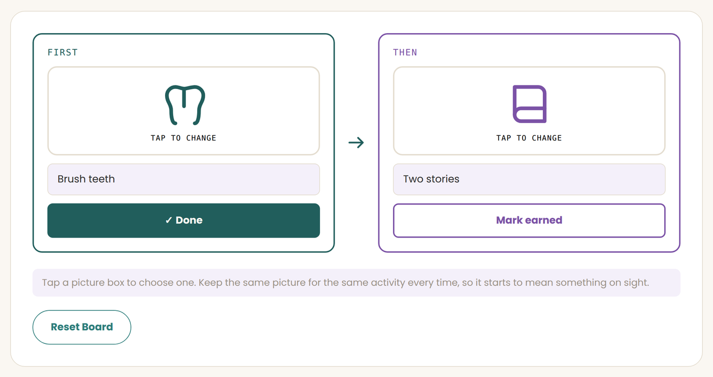 A First/Then board showing Brush teeth as the First step and Two stories as the Then step, each with its own picture