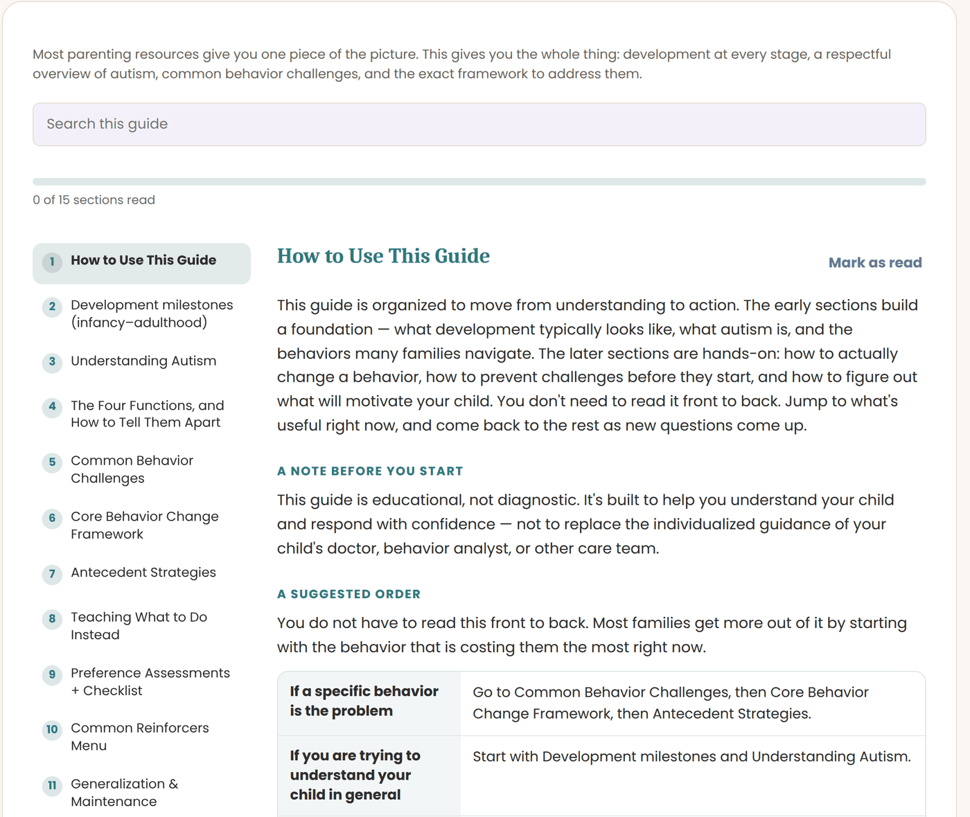 The guide open in the app: a searchable list of fifteen sections down the left, a read-tracker across the top, and the opening section on the right