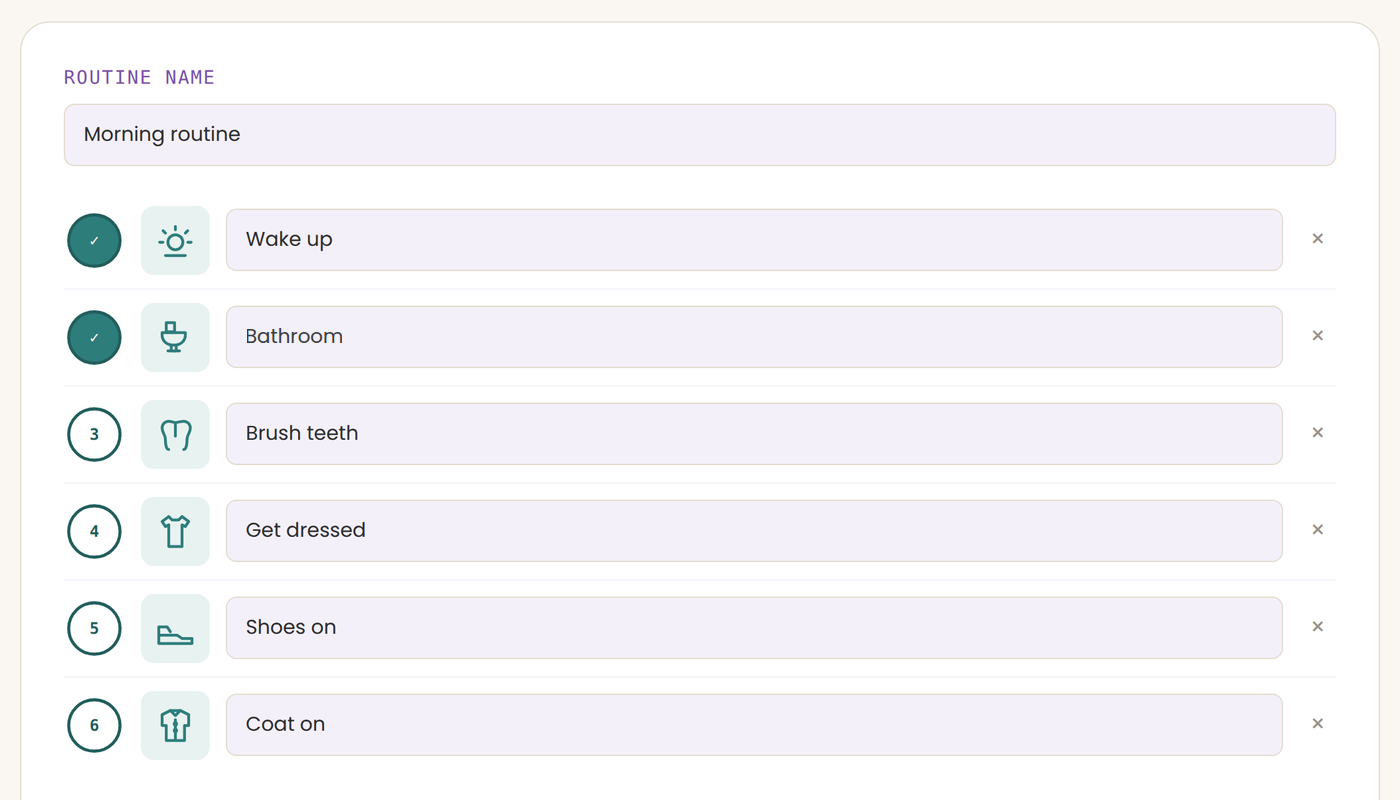 A morning routine visual schedule with picture icons and steps to check off