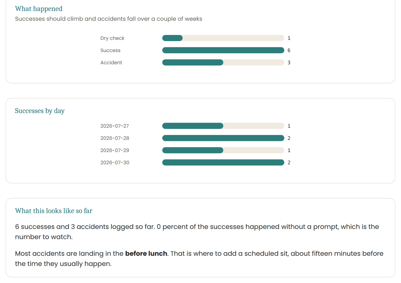 The toileting log's charts, showing accidents clustering before lunch and where to put a scheduled sit