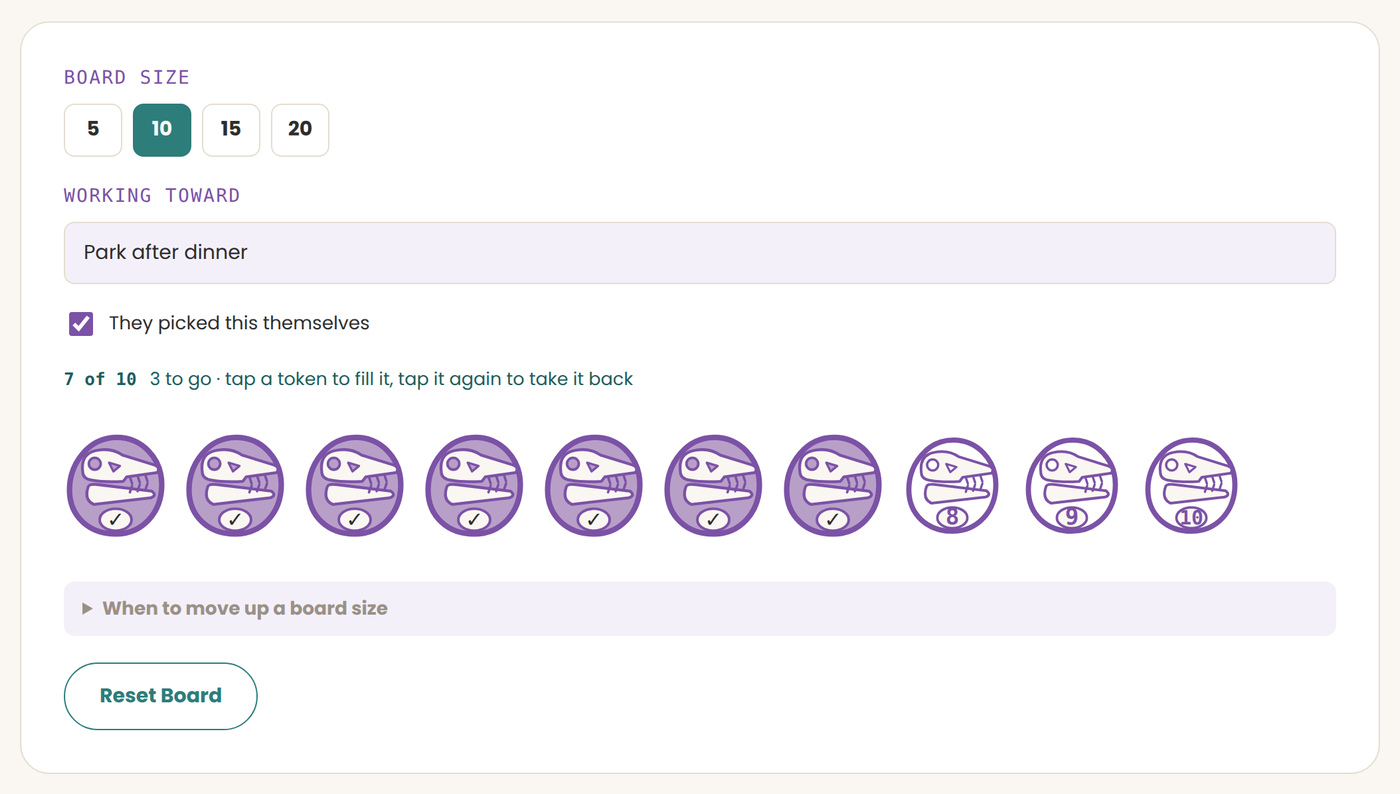 A ten-token dinosaur themed reward board of T-Rex tokens, seven earned, working toward the park after dinner