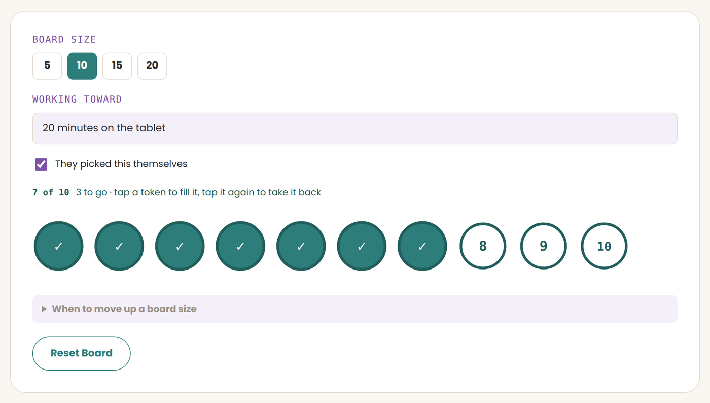 A ten-token classic reward board, seven tokens earned, working toward twenty minutes on the tablet