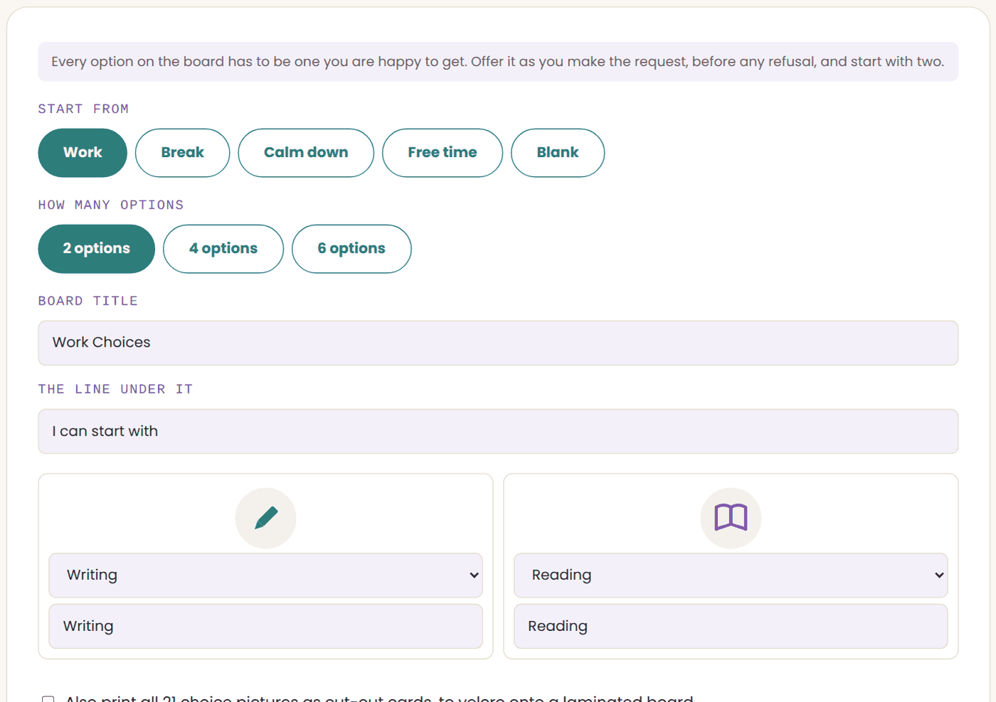 The choice board builder with the Work preset and two options, Writing and Reading